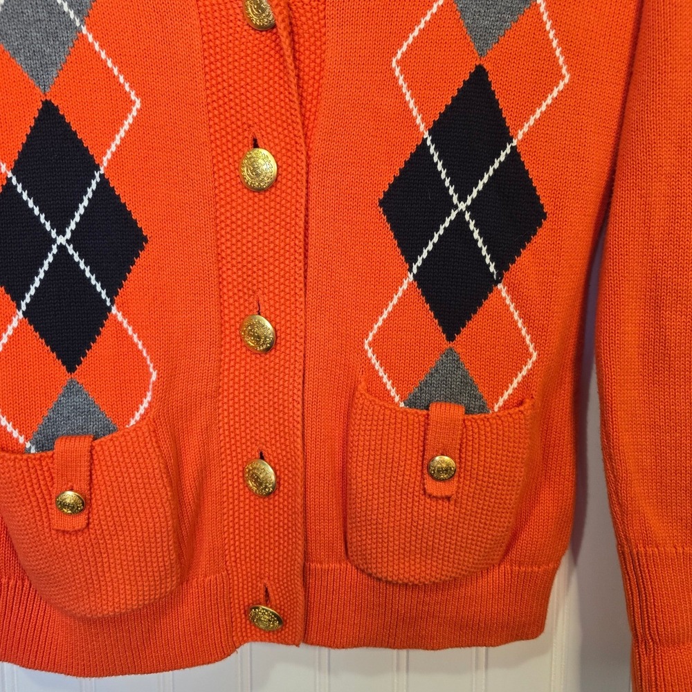 Tommy Hilfiger Orange Argyle Shawl Collar Cardigan Gold Crest Button Sweater M - Picture 5 of 12